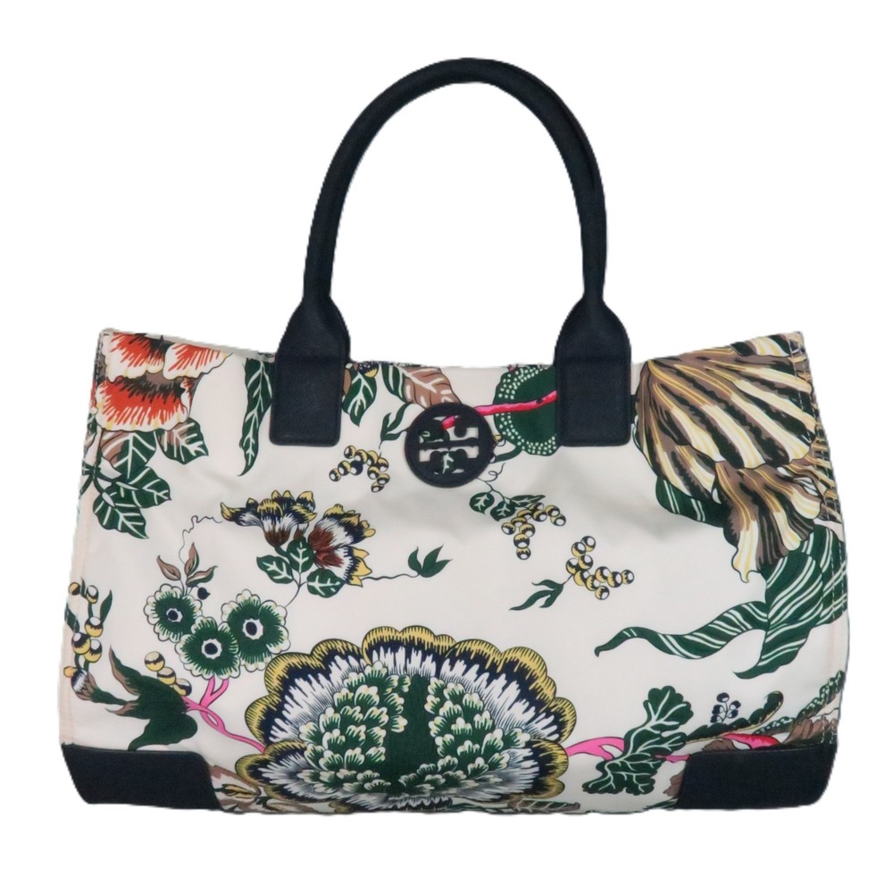 Tory Burch Happy Times Ella Tote Bag Womens Cream Floral Nylon Leather Tropical
